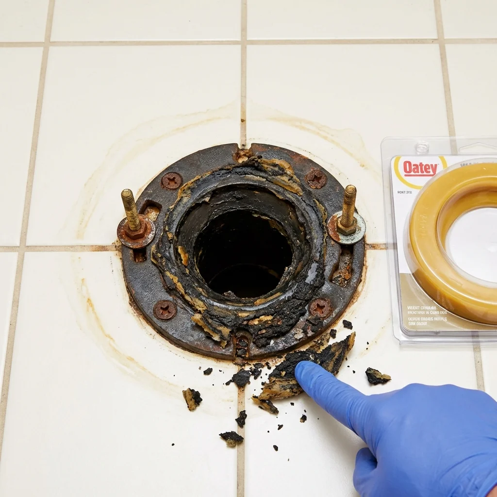 Failed wax ring showing water seepage at the base of a toilet in a Lakeside, OR home