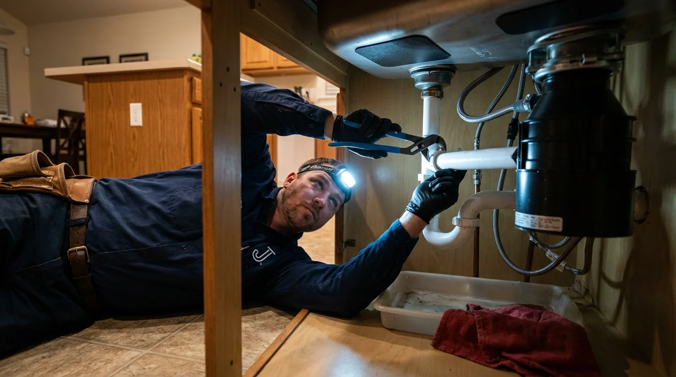 P-trap and supply line connections under a kitchen sink showing a common leak point in Lakeside, OR